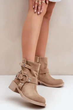 Hot Zamszowe Botki Damskie Na Niskim Obcasie Klocku Z Paskami 3644 Beżowe Damskie Botki Na Obcasie