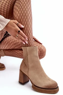 Botki Ocieplane|Botki Skórzane>Boto Zamszowe Botki Damskie Na Słupku Beżowe Lemar Remilda