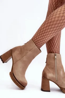 Botki Ocieplane|Botki Skórzane></noscript>Boto Zamszowe Botki Damskie Na Słupku Beżowe Lemar Remilda