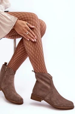 Sale Zamszowe Botki Damskie Na Suwak Ciemnobeżowe Nicole 2829 Damskie Brązowe I Beżowe Botki|Botki Płaskie