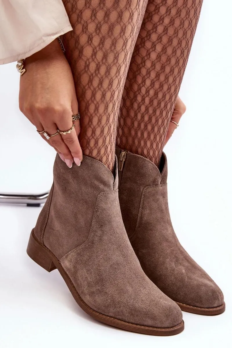 Sale Zamszowe Botki Damskie Na Suwak Ciemnobeżowe Nicole 2829 Damskie Brązowe I Beżowe Botki|Botki Płaskie