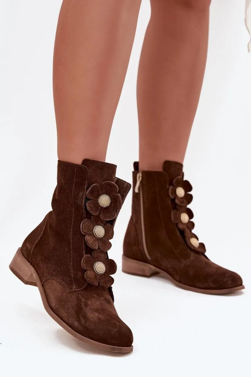 Botki Płaskie>Zazoo Zamszowe Botki Damskie Z Ozdobnymi Kwiatkami 3085 Brązowe Brązowy