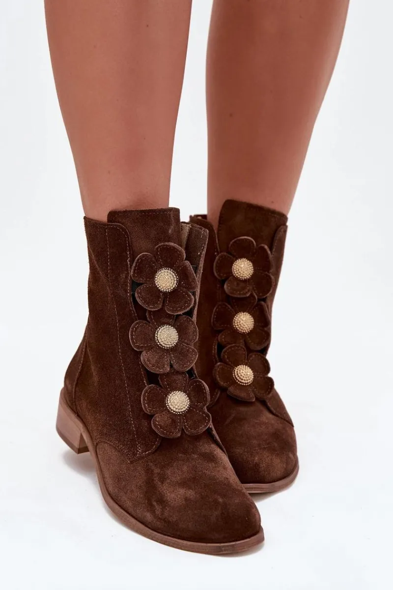 Botki Płaskie>Zazoo Zamszowe Botki Damskie Z Ozdobnymi Kwiatkami 3085 Brązowe Brązowy