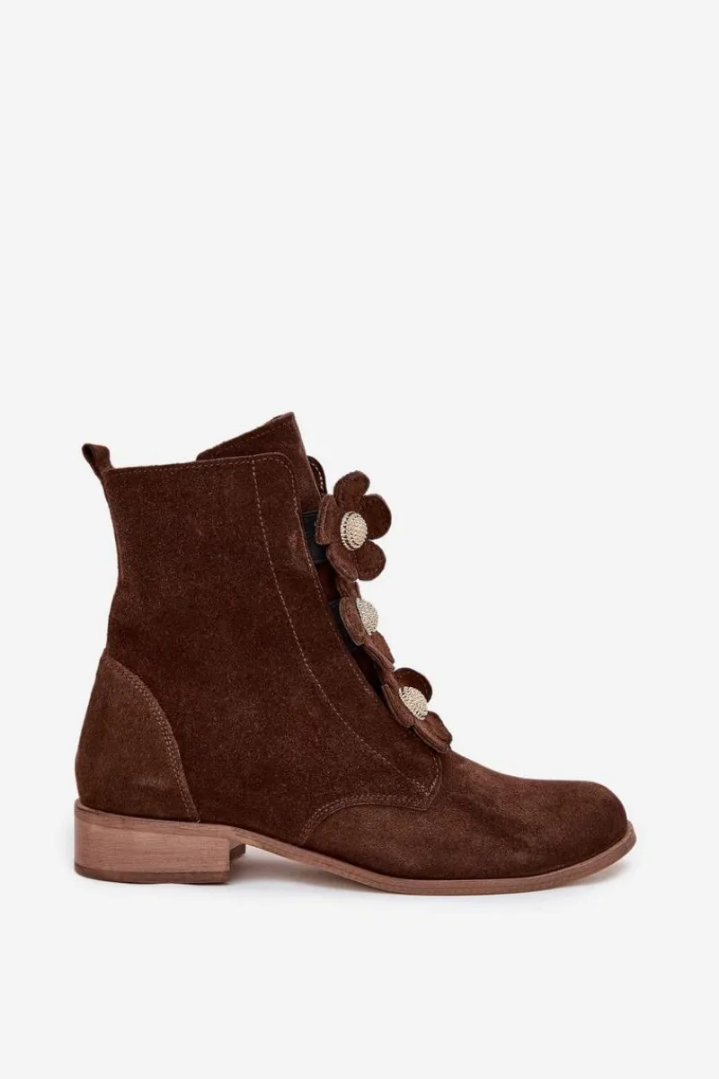 Botki Płaskie>Zazoo Zamszowe Botki Damskie Z Ozdobnymi Kwiatkami 3085 Brązowe Brązowy