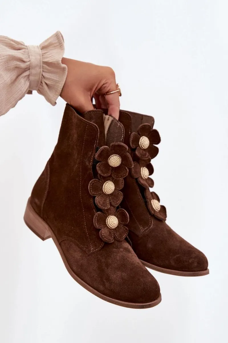 Botki Płaskie>Zazoo Zamszowe Botki Damskie Z Ozdobnymi Kwiatkami 3085 Brązowe Brązowy