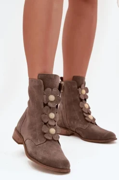 Clearance Zazoo Zamszowe Botki Damskie Z Ozdobnymi Kwiatkami 3085 Ciemnobeżowe Beżowy