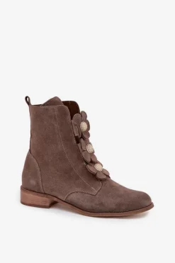 Clearance Zazoo Zamszowe Botki Damskie Z Ozdobnymi Kwiatkami 3085 Ciemnobeżowe Beżowy