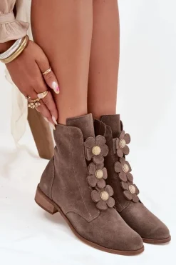 Clearance Zazoo Zamszowe Botki Damskie Z Ozdobnymi Kwiatkami 3085 Ciemnobeżowe Beżowy