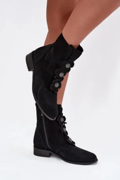 Discount Zamszowe Botki Damskie Z Ozdobnymi Kwiatkami 3085 Czarne Damskie Botki Płaskie