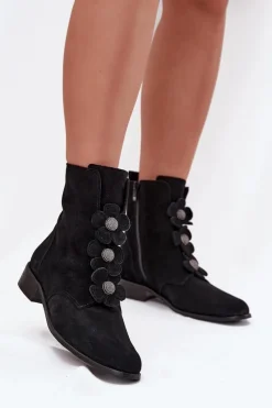 Discount Zamszowe Botki Damskie Z Ozdobnymi Kwiatkami 3085 Czarne Damskie Botki Płaskie