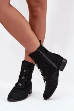 Discount Zamszowe Botki Damskie Z Ozdobnymi Kwiatkami 3085 Czarne Damskie Botki Płaskie