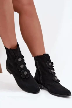 Discount Zamszowe Botki Damskie Z Ozdobnymi Kwiatkami 3085 Czarne Damskie Botki Płaskie