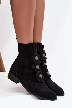 Discount Zamszowe Botki Damskie Z Ozdobnymi Kwiatkami 3085 Czarne Damskie Botki Płaskie