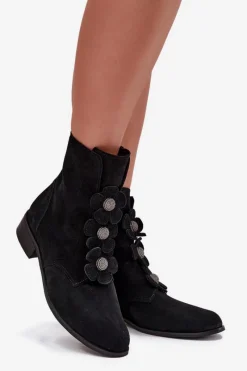 Discount Zamszowe Botki Damskie Z Ozdobnymi Kwiatkami 3085 Czarne Damskie Botki Płaskie