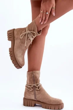 Discount Boto Zamszowe Botki Damskie Z Wiązaniem Beżowe Lineanor