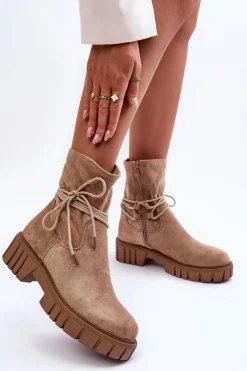Discount Boto Zamszowe Botki Damskie Z Wiązaniem Beżowe Lineanor