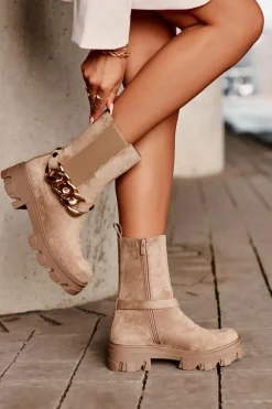 Sale Boto Zamszowe Botki Damskie Z Łańcuchem Beżowe Nemette