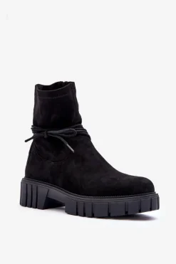 Botki Wiosenne|Czarne Botki>Boto Zamszowe Botki Damskie Z Wiązaniem Czarne Lineanor
