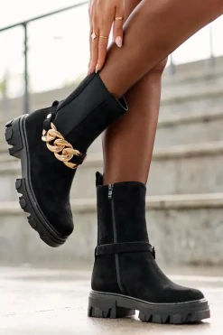 New Boto Zamszowe Botki Damskie Z Łańcuchem Czarne Nemette