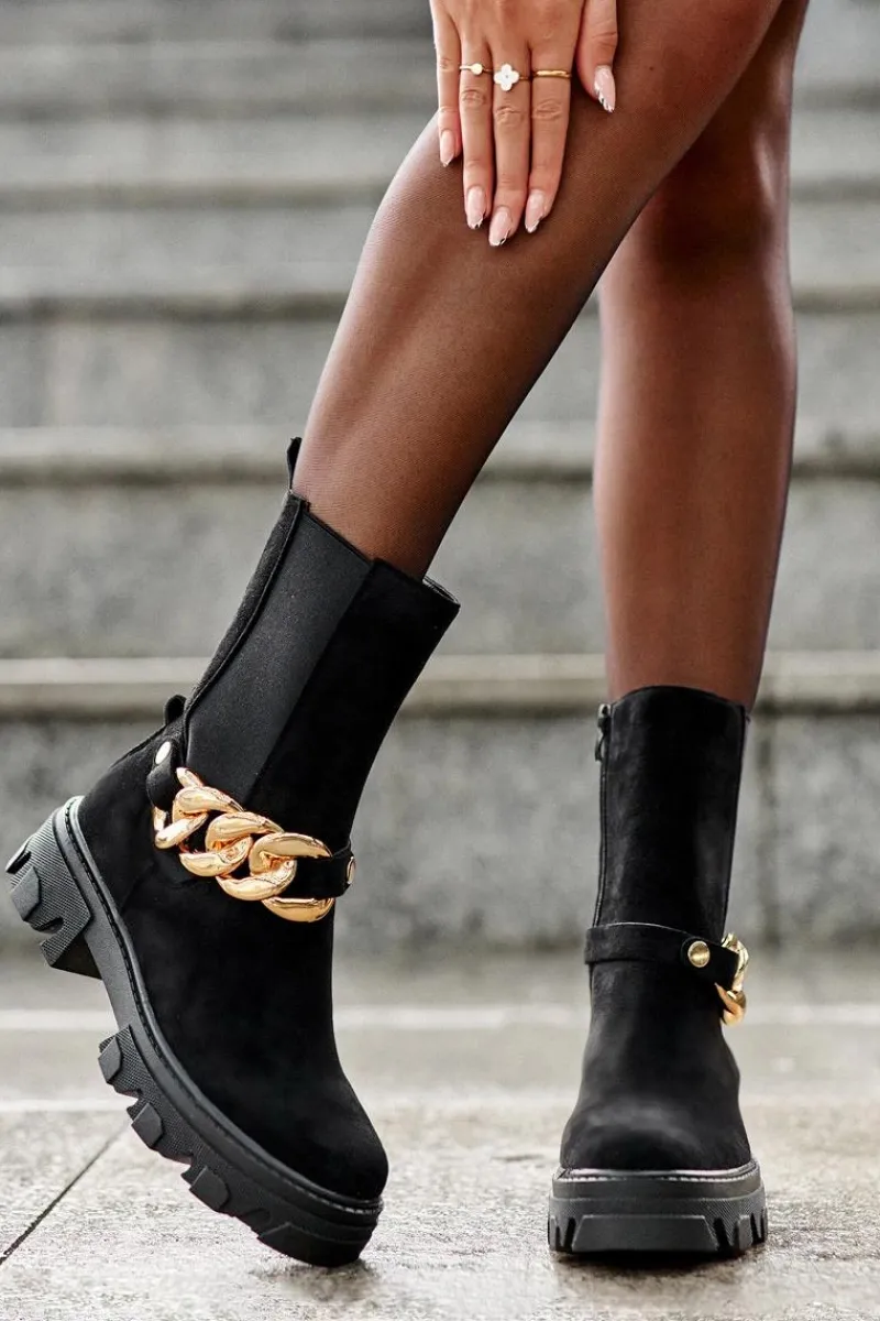 New Boto Zamszowe Botki Damskie Z Łańcuchem Czarne Nemette