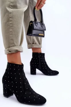 Boto Zamszowe Botki Damskie Zdobione Ćwiekami Czarne Antede
