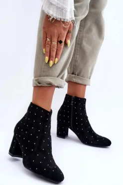 Boto Zamszowe Botki Damskie Zdobione Ćwiekami Czarne Antede