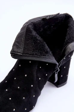 Boto Zamszowe Botki Damskie Zdobione Ćwiekami Czarne Antede