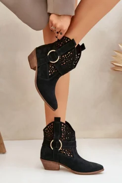 Hot Zazoo Zamszowe Botki Kowbojki Ażurowe Na Obcasie 2994 Czarne Czarny