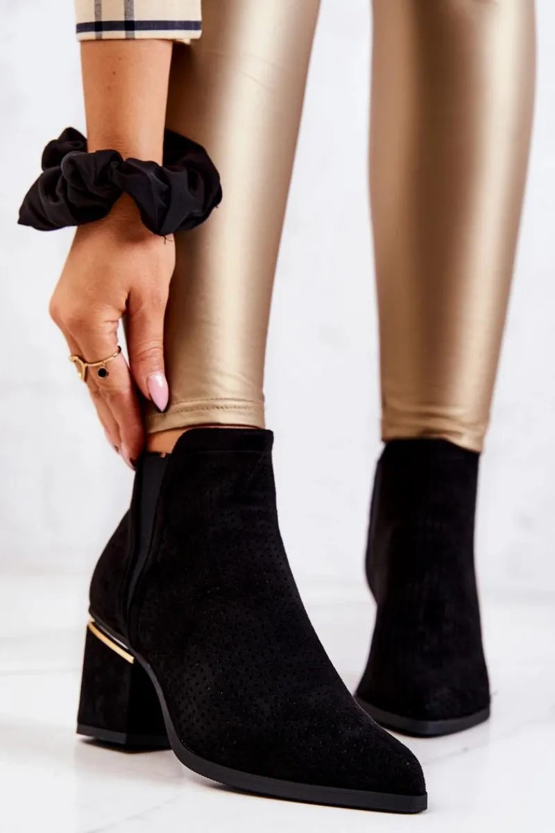 Hot Zamszowe Botki Kowbojki Ażurowe Czarne Helloni Damskie Botki Na Słupku|Czarne Botki