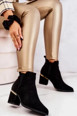 Hot Zamszowe Botki Kowbojki Ażurowe Czarne Helloni Damskie Botki Na Słupku|Czarne Botki