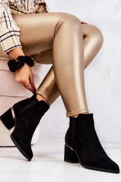 Hot Zamszowe Botki Kowbojki Ażurowe Czarne Helloni Damskie Botki Na Słupku|Czarne Botki