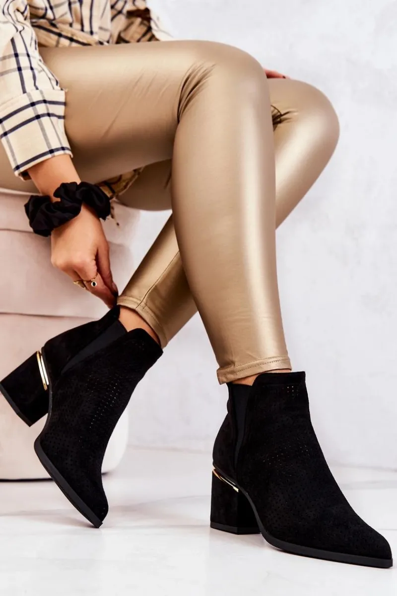 Hot Zamszowe Botki Kowbojki Ażurowe Czarne Helloni Damskie Botki Na Słupku|Czarne Botki