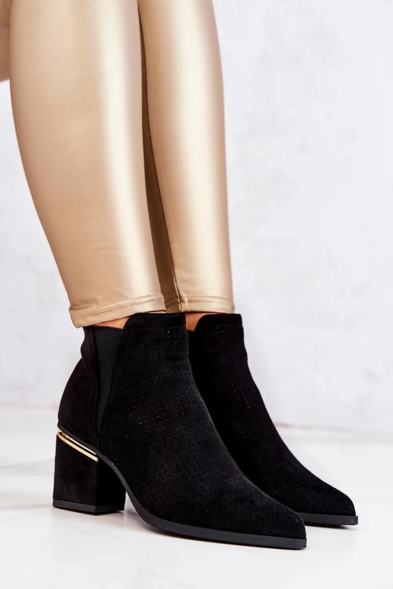 Hot Zamszowe Botki Kowbojki Ażurowe Czarne Helloni Damskie Botki Na Słupku|Czarne Botki