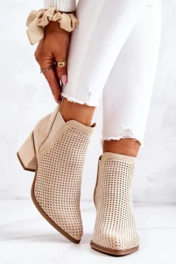 Best Zamszowe Botki Kowbojki Ażurowe Jasnobeżowe Helloni Damskie Botki Na Słupku|Czarne Botki