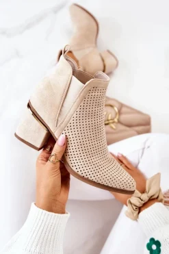 Best Zamszowe Botki Kowbojki Ażurowe Jasnobeżowe Helloni Damskie Botki Na Słupku|Czarne Botki