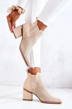 Best Zamszowe Botki Kowbojki Ażurowe Jasnobeżowe Helloni Damskie Botki Na Słupku|Czarne Botki