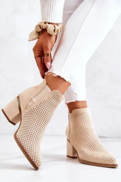 Best Zamszowe Botki Kowbojki Ażurowe Jasnobeżowe Helloni Damskie Botki Na Słupku|Czarne Botki