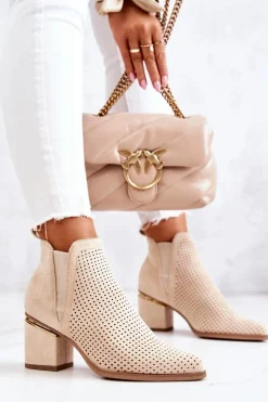 Best Zamszowe Botki Kowbojki Ażurowe Jasnobeżowe Helloni Damskie Botki Na Słupku|Czarne Botki