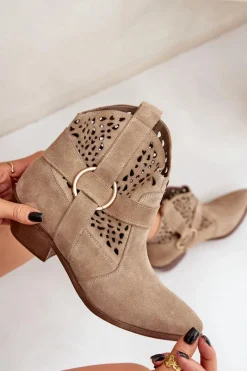 Discount Zamszowe Botki Kowbojki Ażurowe Na Obcasie 2994 Beżowe Damskie Botki Wiosenne|Botki Na Słupku