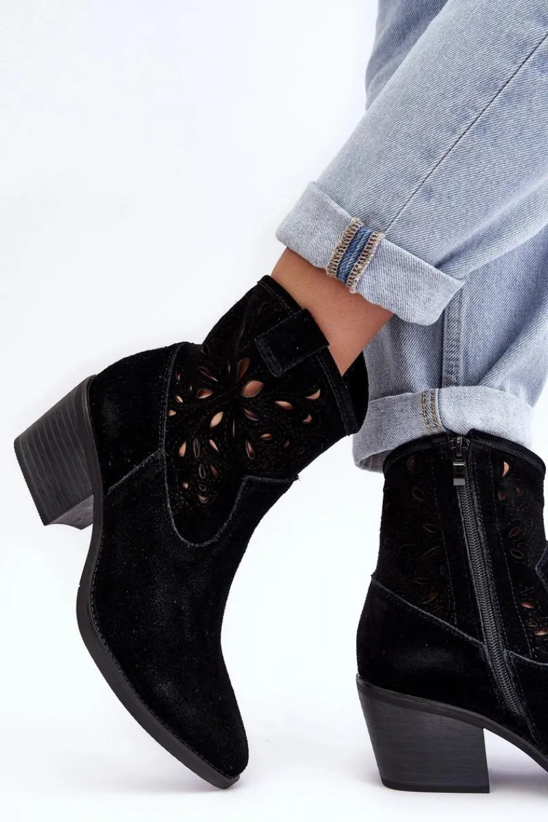 Botki Wiosenne|Botki Skórzane>Damskie buty S.Barski Zamszowe Botki Kowbojki Ażurowe D&A SN622-20 Czarne Czarny