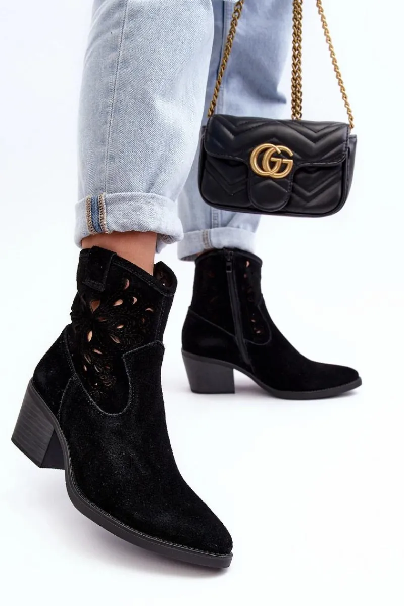 Botki Wiosenne|Botki Skórzane>Damskie buty S.Barski Zamszowe Botki Kowbojki Ażurowe D&A SN622-20 Czarne Czarny