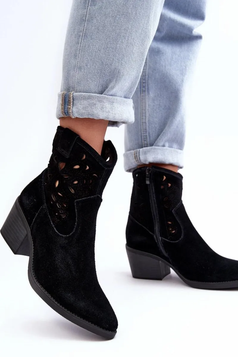 Botki Wiosenne|Botki Skórzane>Damskie buty S.Barski Zamszowe Botki Kowbojki Ażurowe D&A SN622-20 Czarne Czarny