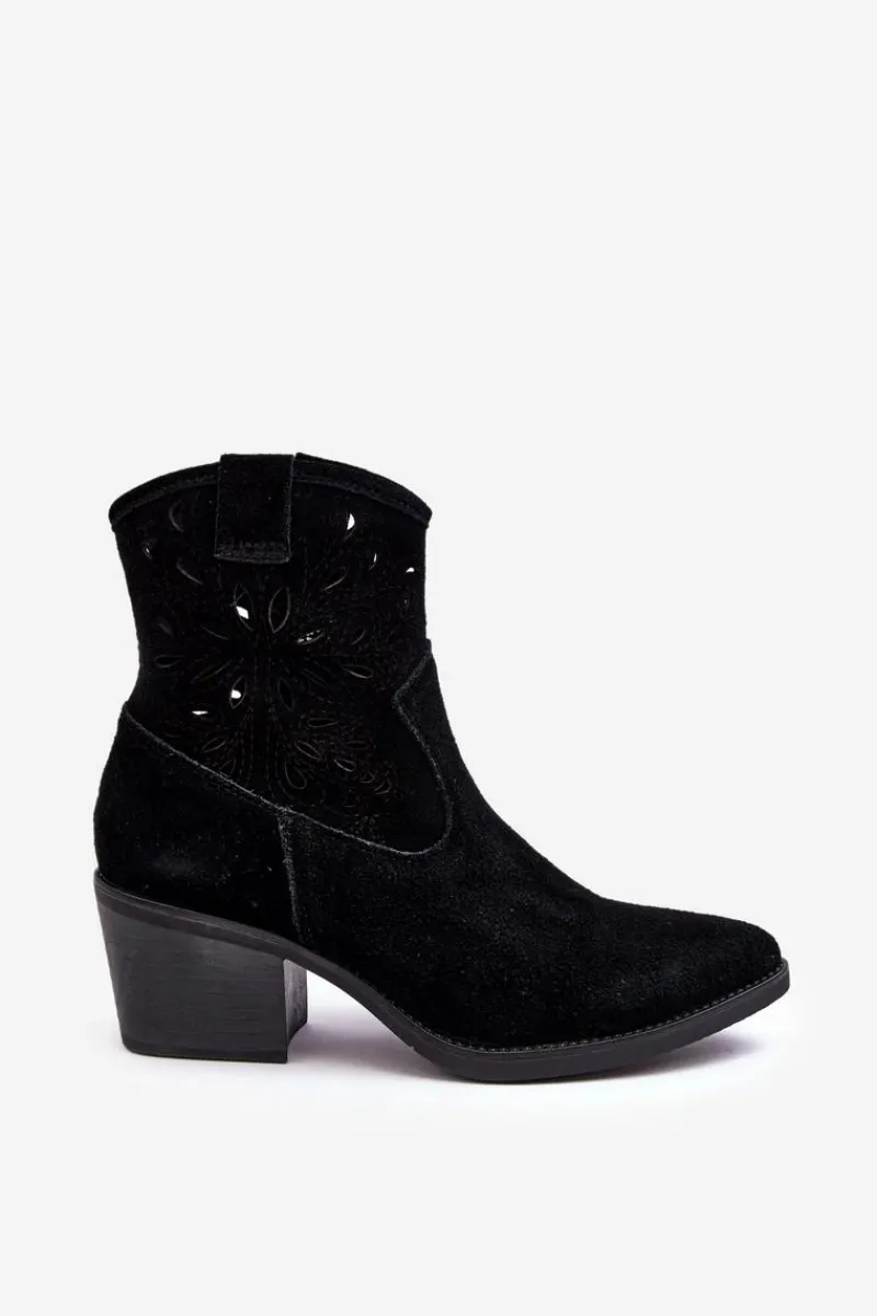 Botki Wiosenne|Botki Skórzane>Damskie buty S.Barski Zamszowe Botki Kowbojki Ażurowe D&A SN622-20 Czarne Czarny
