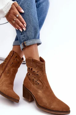Outlet Zamszowe Botki Kowbojki Ażurowe D&A SN622-20 Camel Damskie Botki Wiosenne|Botki Skórzane