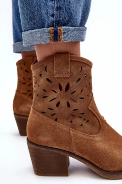 Outlet Zamszowe Botki Kowbojki Ażurowe D&A SN622-20 Camel Damskie Botki Wiosenne|Botki Skórzane
