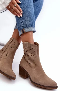Outlet Damskie buty S.Barski Zamszowe Botki Kowbojki Ażurowe D&A SN622-20 Ciemnobeżowe