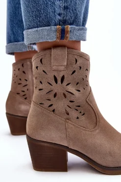 Outlet Damskie buty S.Barski Zamszowe Botki Kowbojki Ażurowe D&A SN622-20 Ciemnobeżowe