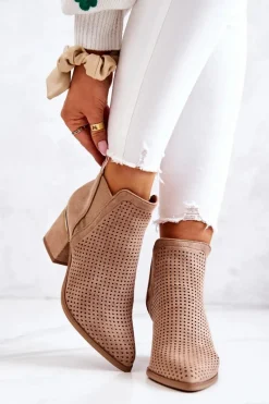 New Boto Zamszowe Botki Kowbojki Ażurowe Ciemnobeżowe Helloni