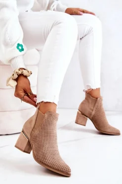 New Boto Zamszowe Botki Kowbojki Ażurowe Ciemnobeżowe Helloni