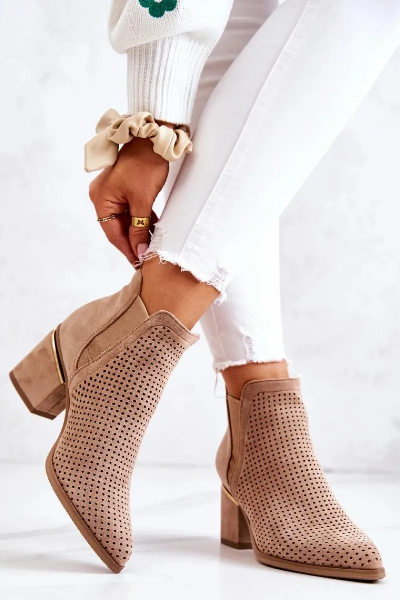 New Boto Zamszowe Botki Kowbojki Ażurowe Ciemnobeżowe Helloni